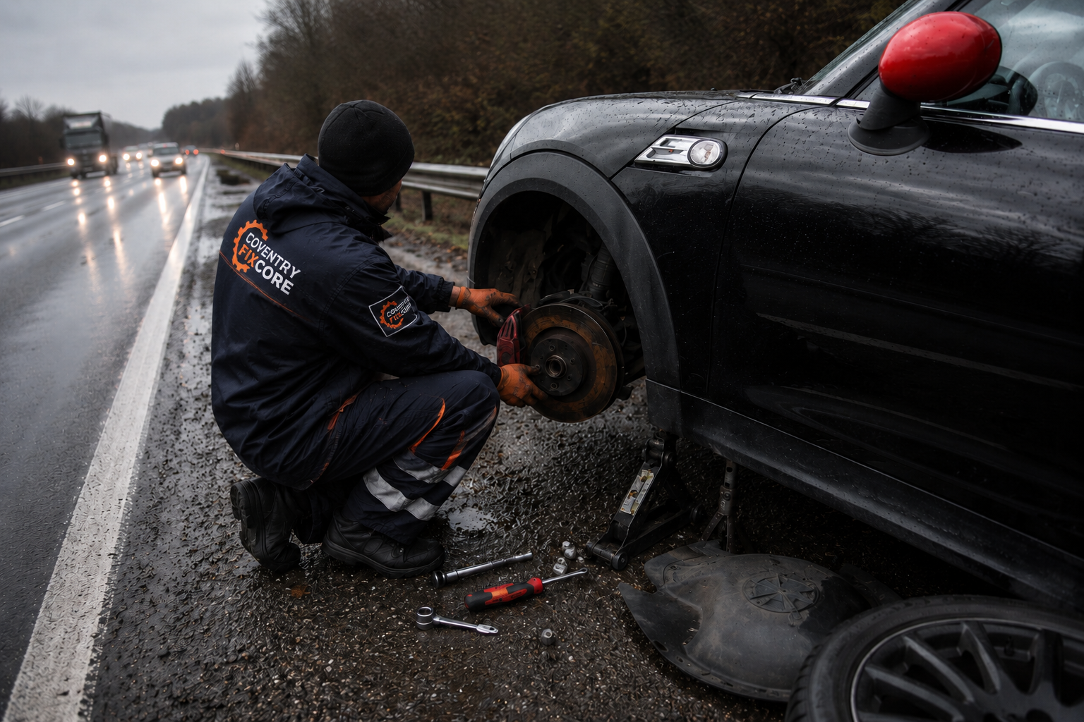 A professional mobile mechanic working roadside beside a broken-down car, performing brake system repair using tools on a rainy highway. The mechanic wears a Coventry FixCore branded uniform, representing emergency roadside vehicle repair and automotive maintenance services in real conditions.