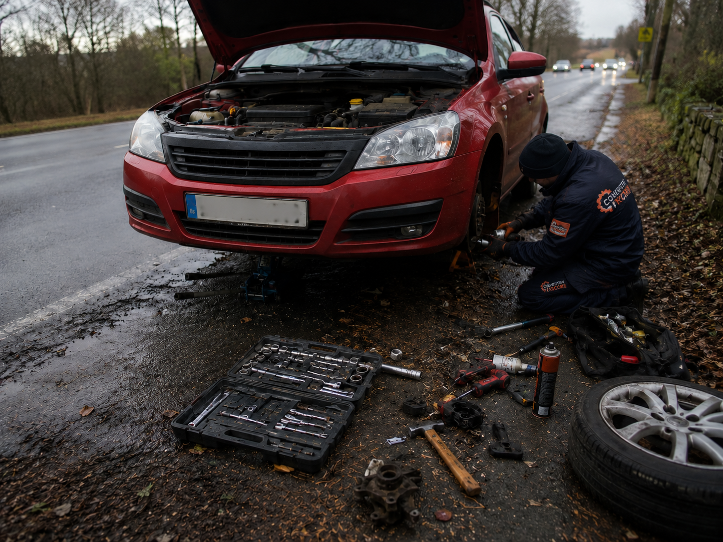 A professional mobile mechanic working on a red car with the hood open on a roadside during a breakdown situation. The scene shows tools and equipment placed on the ground while the mechanic performs emergency vehicle repair services. The image represents Coventry FixCore roadside assistance and automotive repair service in real conditions.