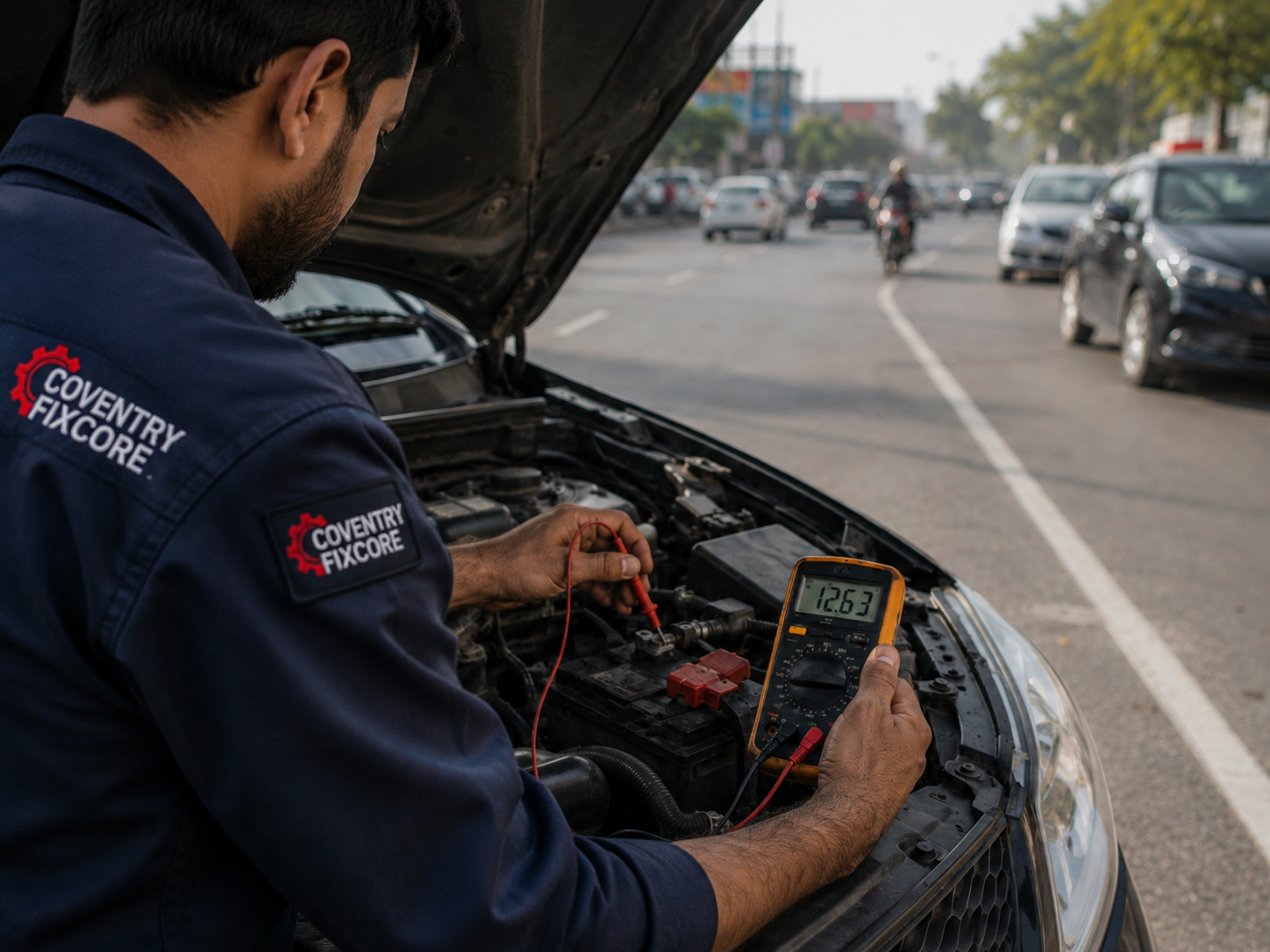 Mobile mechanic carrying out emergency electrical vehicle repairs in Coventry