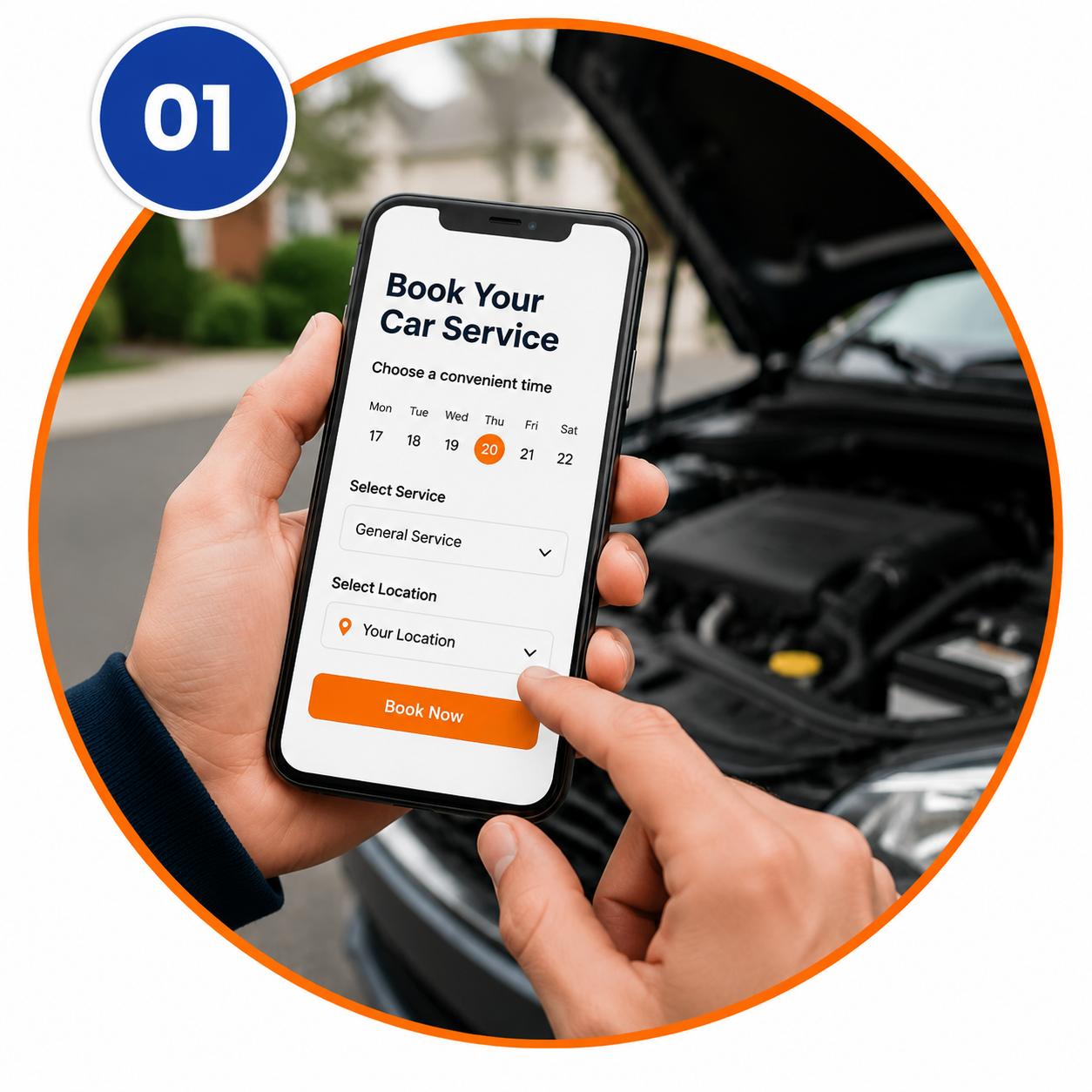 Mobile mechanic booking service in Coventry showing car repair app on phone with open engine in background