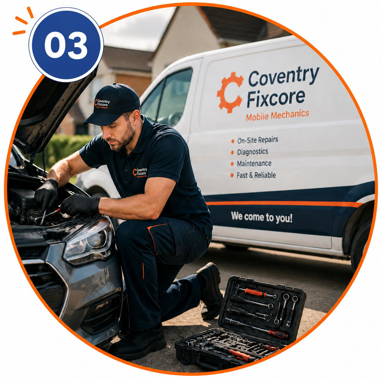 Step 03 mobile mechanic in Coventry Fixcore service showing on-site vehicle repair by professional technician working with tools beside branded service van in Coventry
