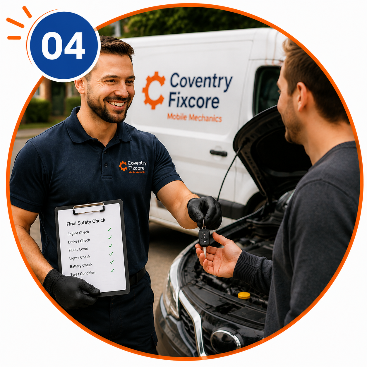 Step 04 Coventry mobile mechanic final safety check and handover service showing professional technician completing vehicle inspection and handing keys to customer beside service van in Coventry