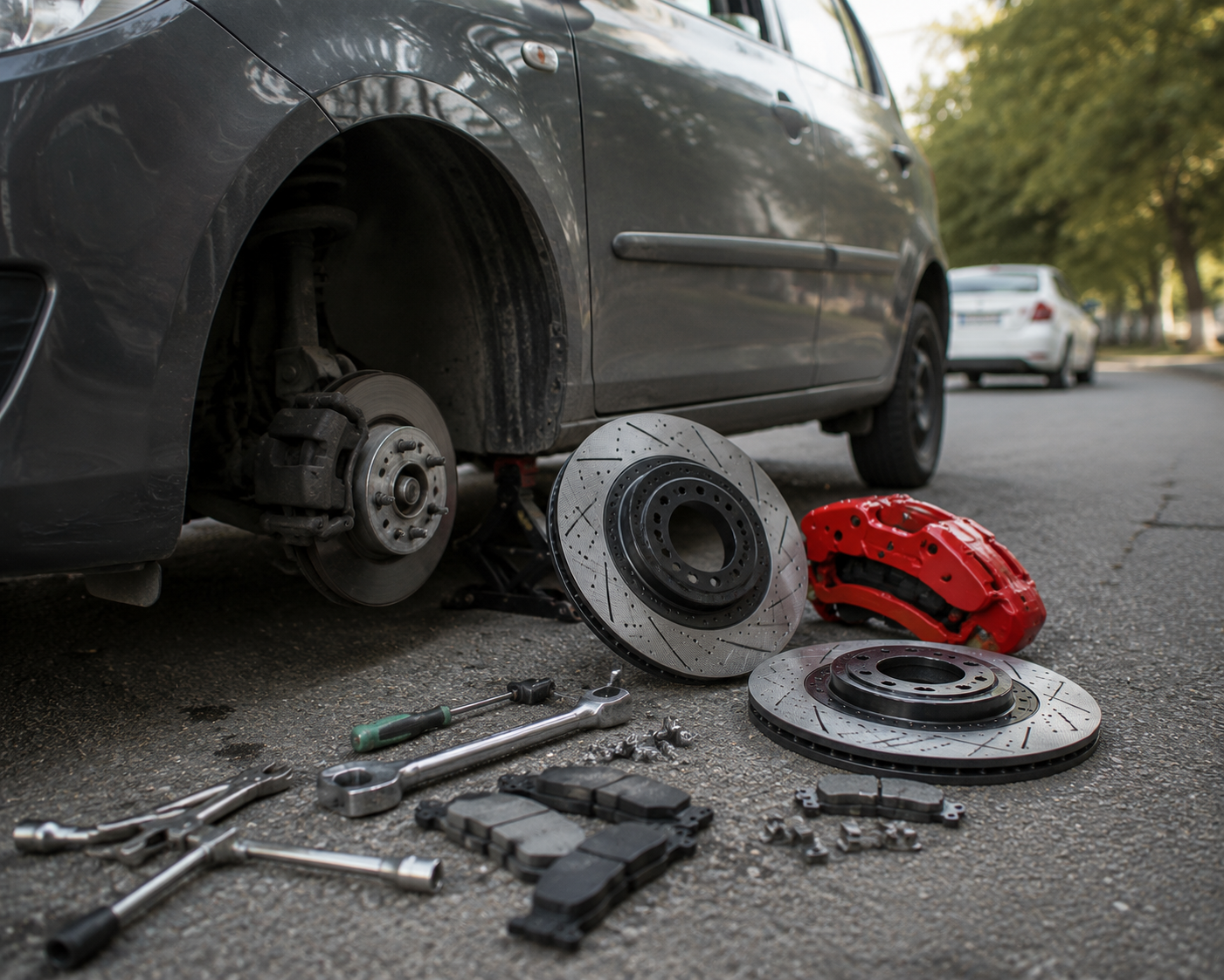 Mobile mechanic inspecting vehicle brakes during routine brake maintenance in Coventry