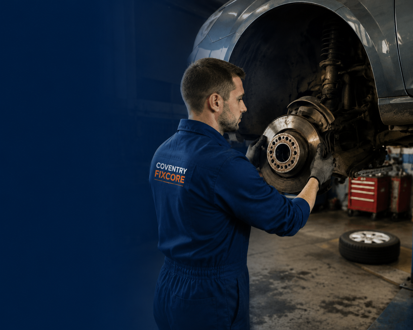 Coventry Fixcore mobile mechanic carrying out a brake inspection and repair on a vehicle in Coventry