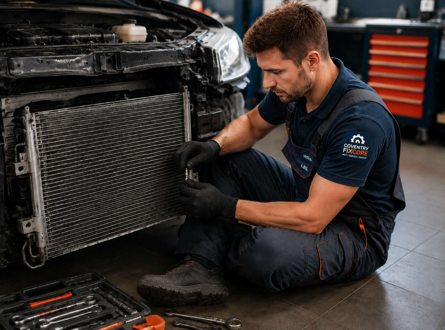 Coventry Fixcore mobile mechanic carrying out car AC system diagnostics for an air conditioning fault in Coventry
