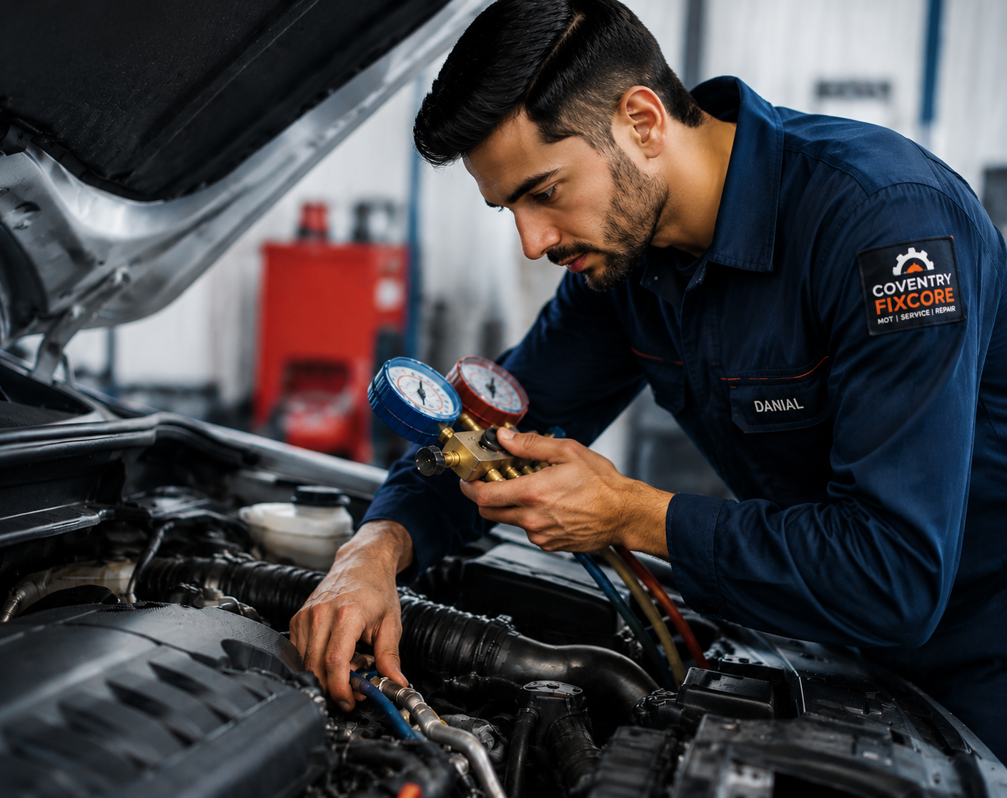 Coventry mobile mechanic carrying out car air conditioning diagnostics and vehicle AC repair