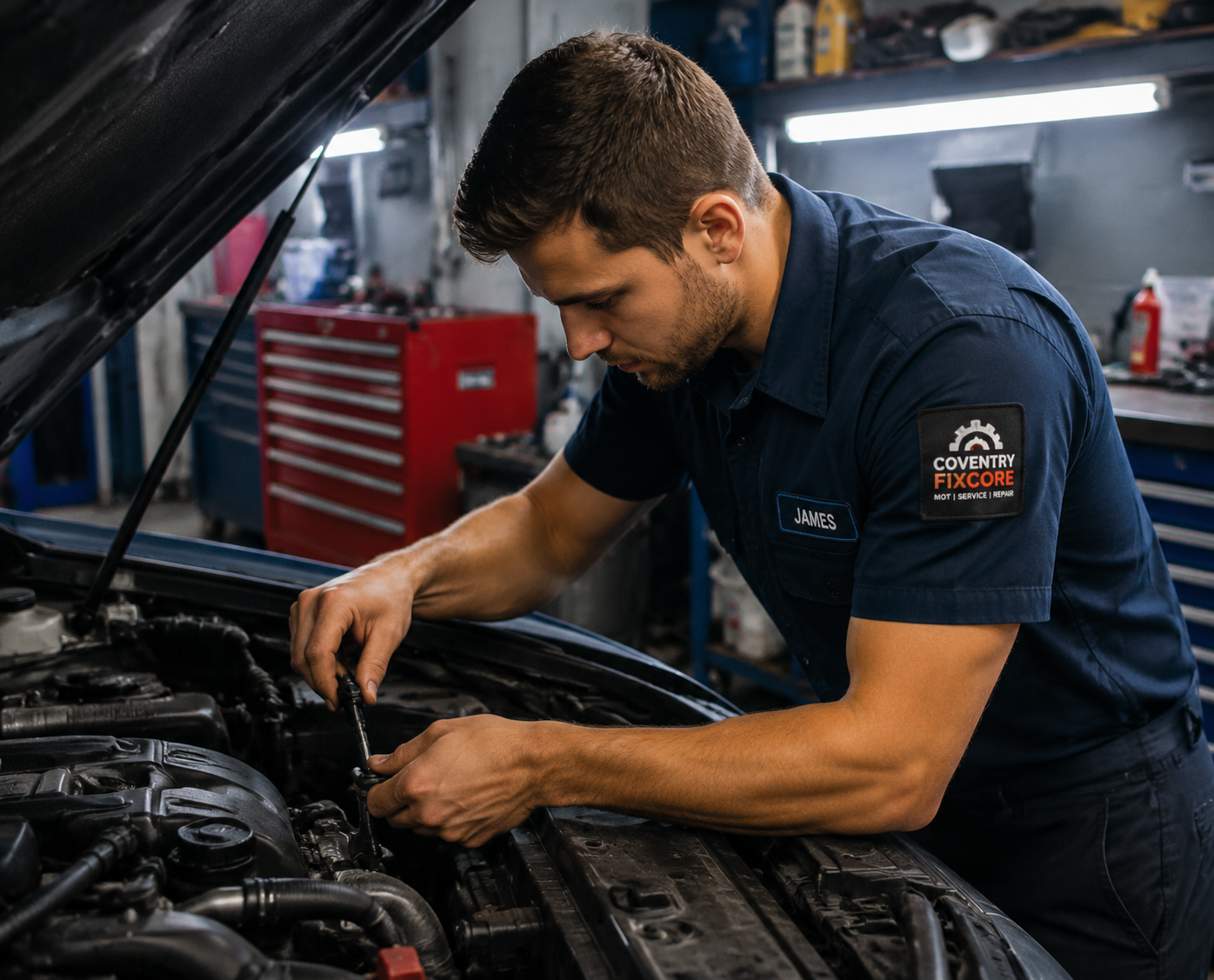 Mechanic inspecting a car air conditioning system for AC repair in Coventry
