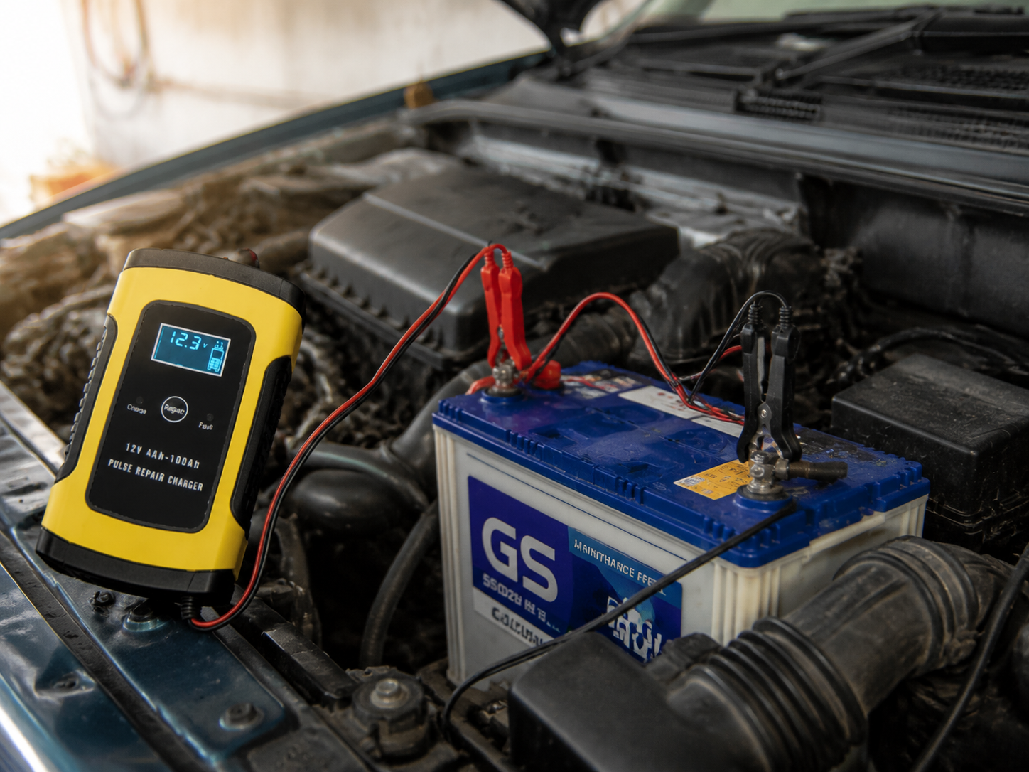 Mobile mechanic testing a car battery and checking battery performance in Coventry