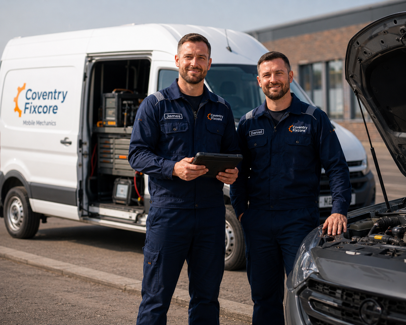 Coventry Fixcore mobile mechanics beside a service van and vehicle in Coventry