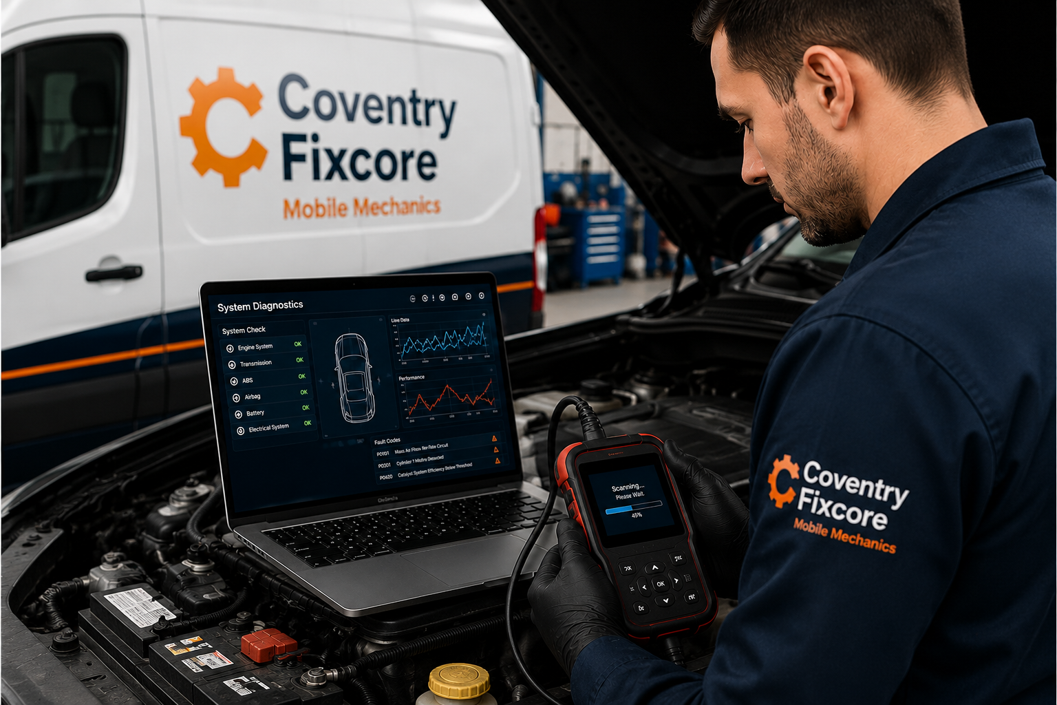 Mobile mechanic carrying out car diagnostics and vehicle inspection in Coventry