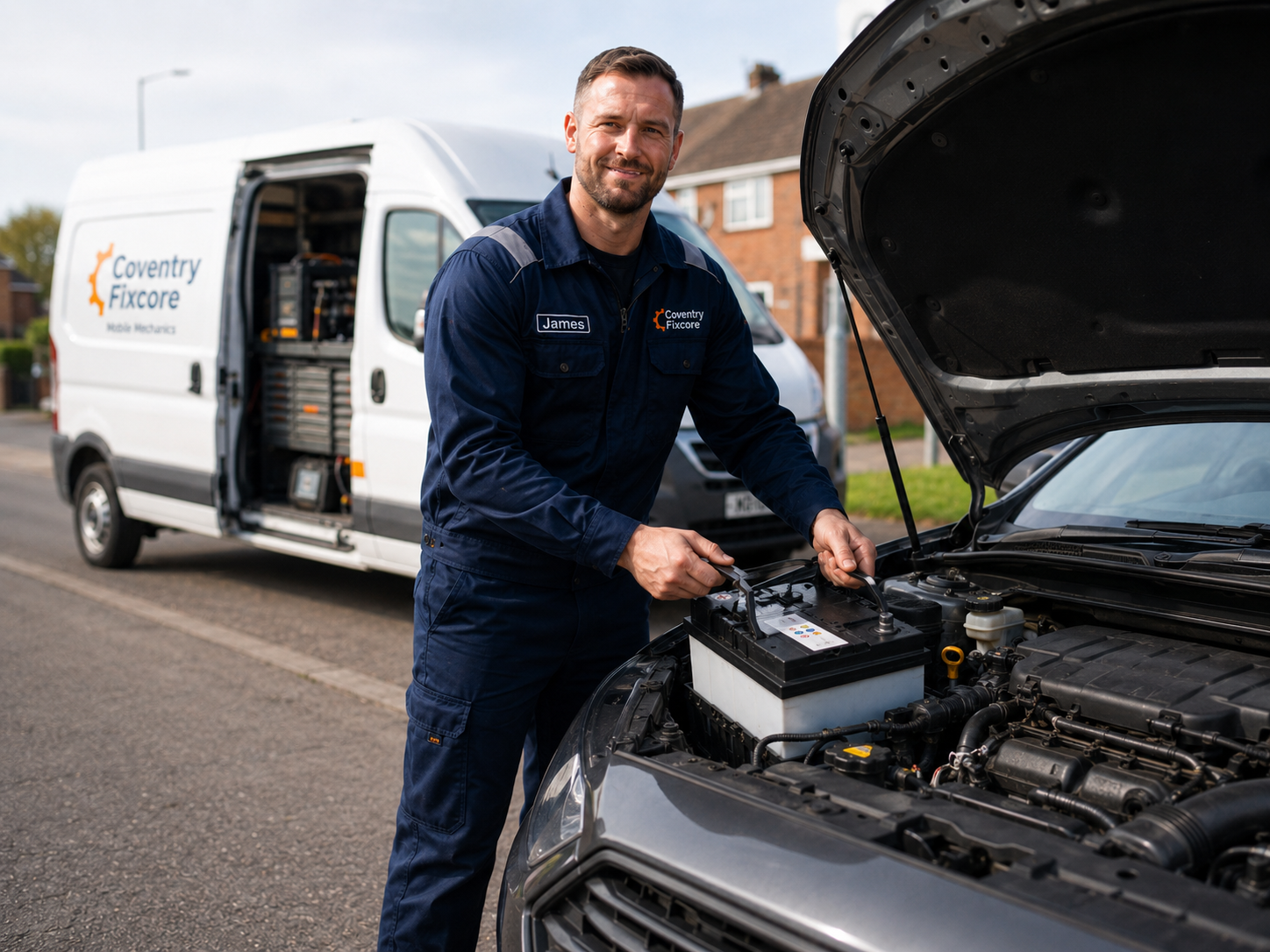 Mobile diagnostic mechanic carrying out car fault diagnosis and mechanical troubleshooting in Coventry