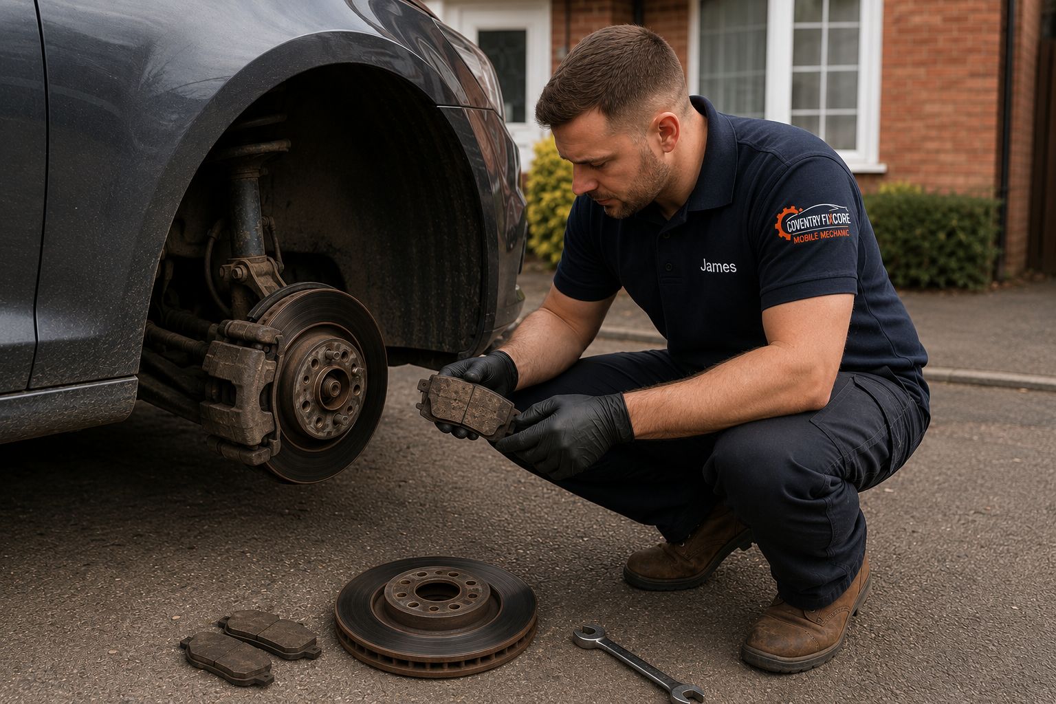 Vehicle battery and charging system being inspected before mobile repair in Coventry
