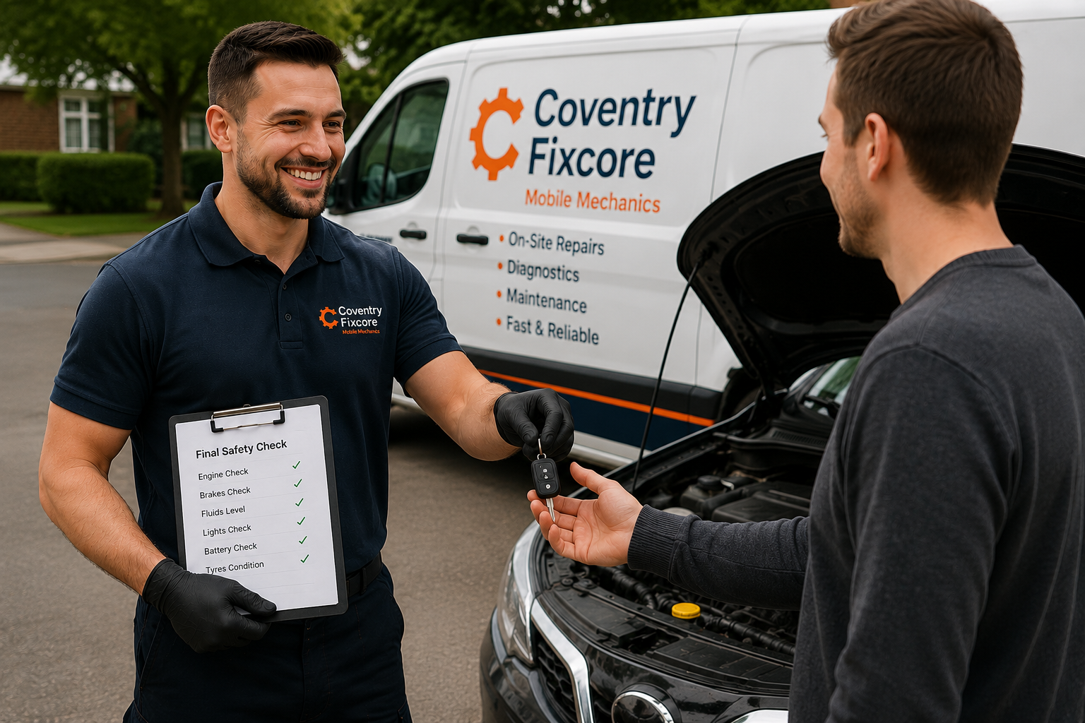 Mobile car repair technician completing an approved vehicle repair at a customer location in Coventry