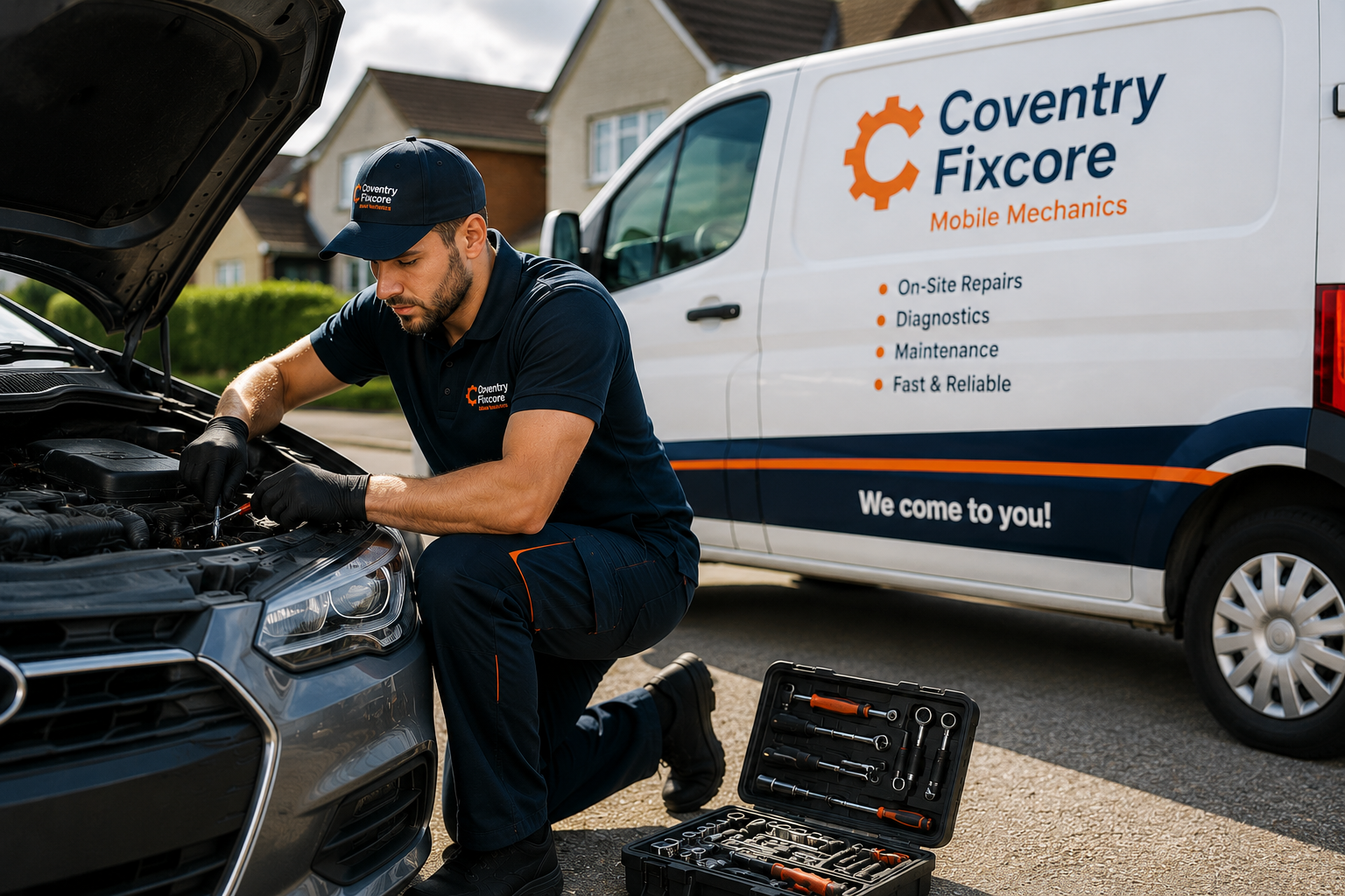 Mobile mechanic carrying out vehicle inspection and diagnostic testing in Coventry