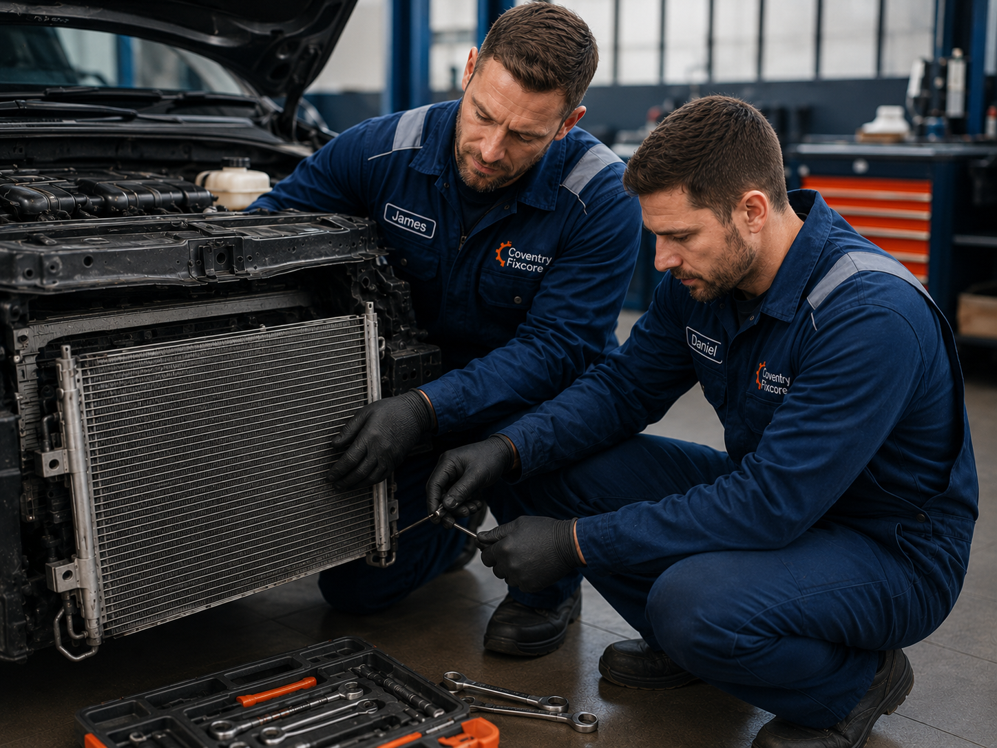 Coventry Fixcore local mobile mechanics inspecting and repairing a vehicle in Coventry
