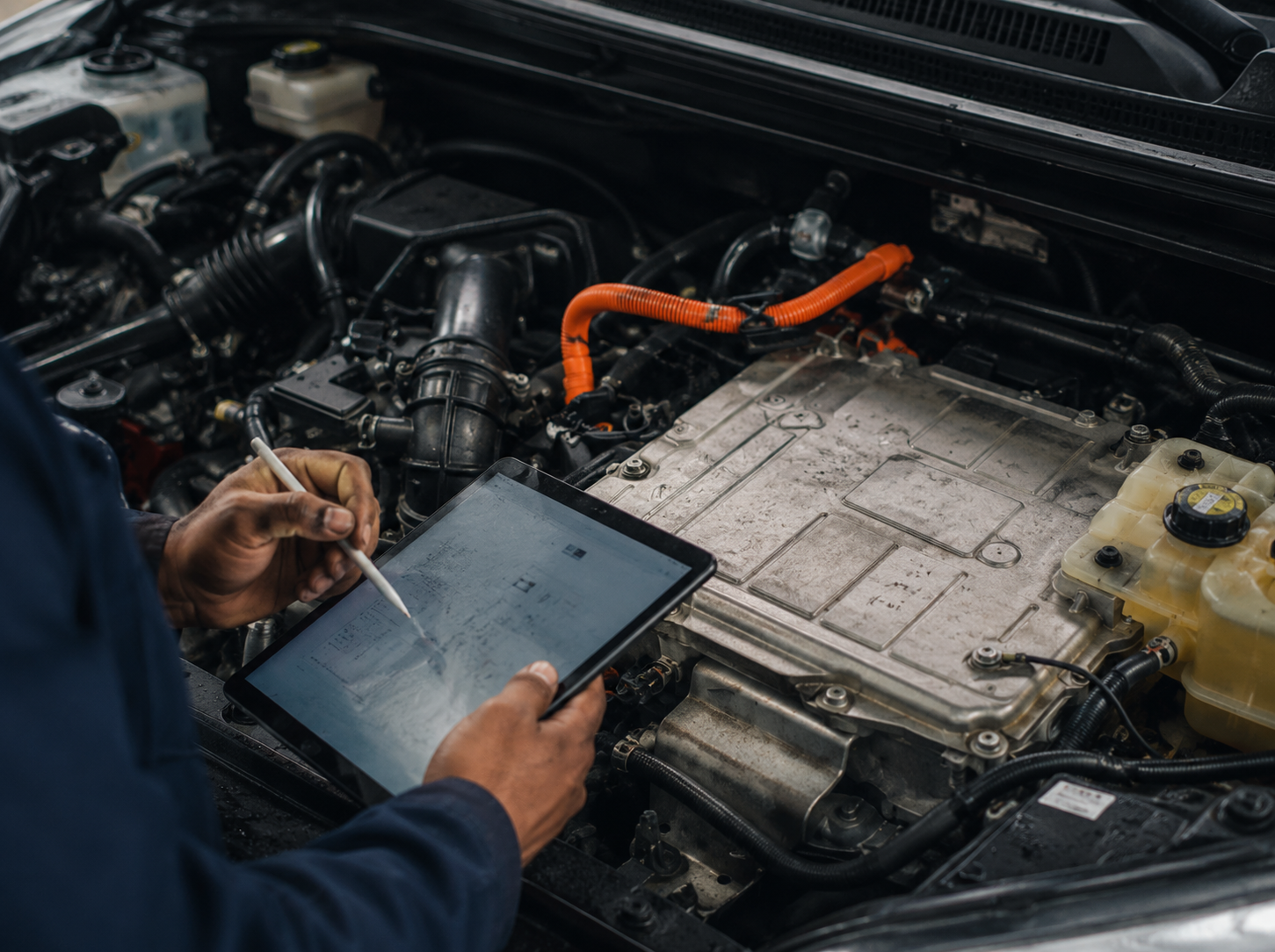 Mobile auto electrician using diagnostic equipment to inspect a car electrical fault in Coventry
