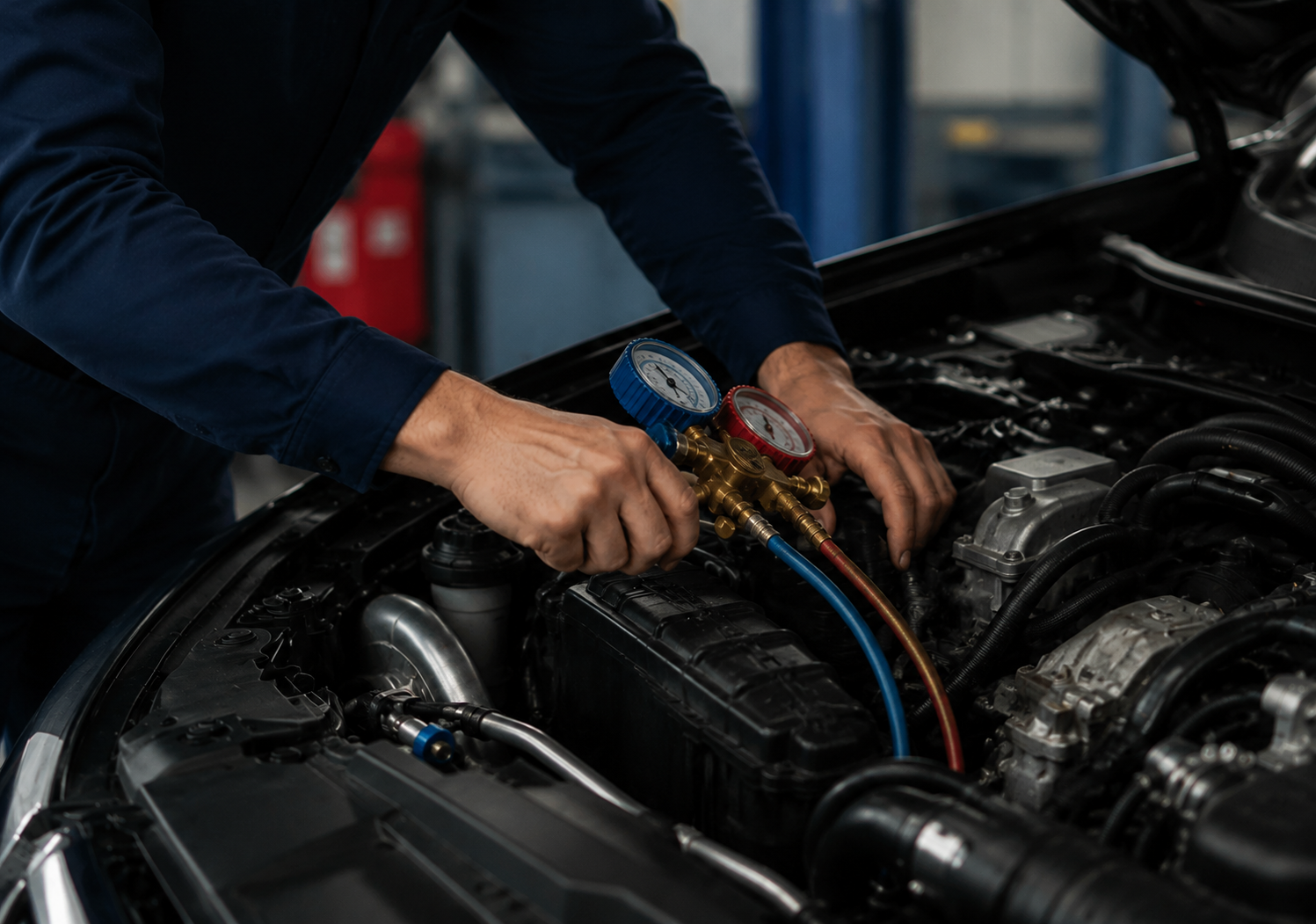 Mobile mechanic carrying out car AC diagnostics with pressure gauges on a vehicle in Coventry