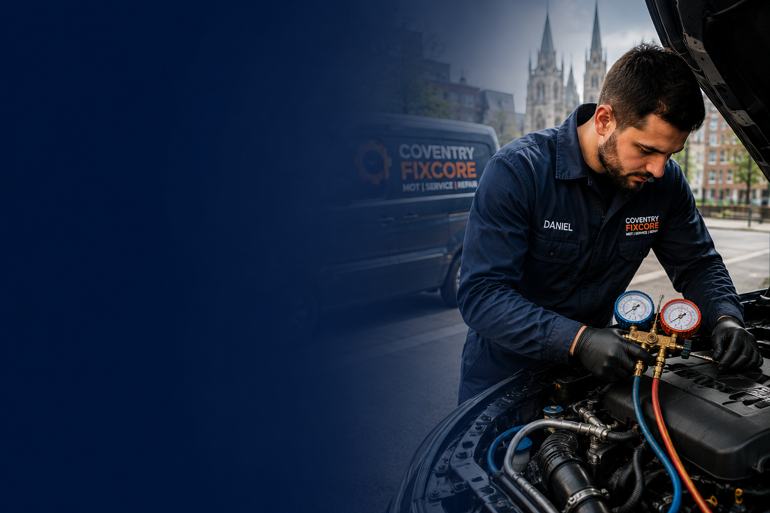 Mobile mechanic carrying out car air conditioning repair and vehicle AC diagnostics in Coventry