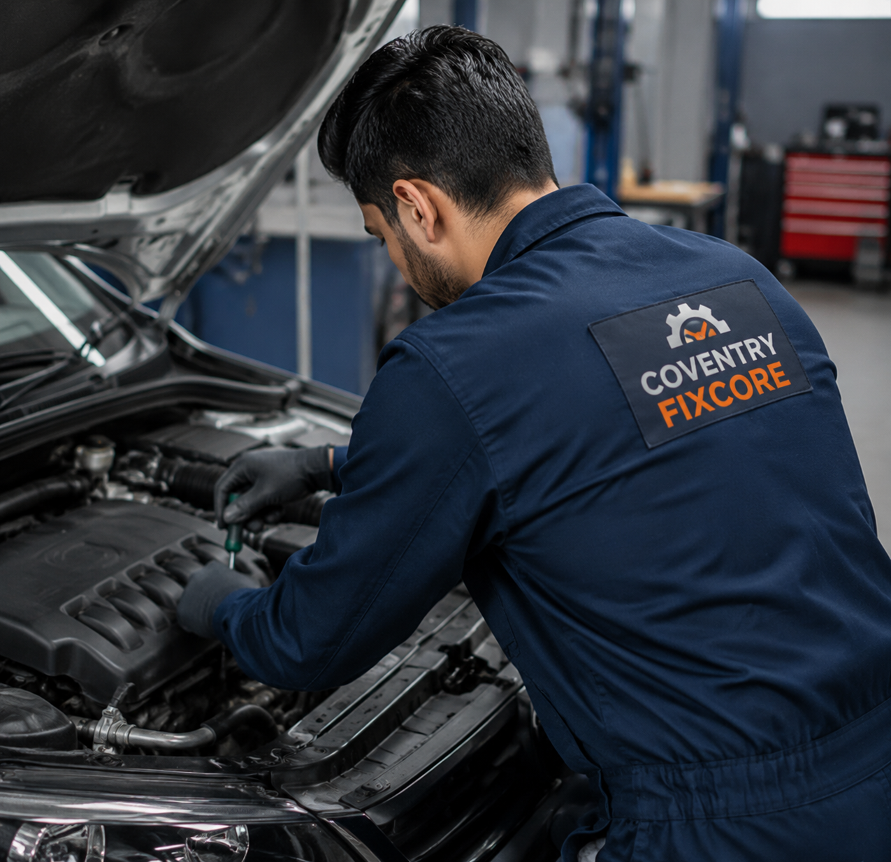 Coventry Fixcore mechanic inspecting a car air conditioning system during mobile AC repair in Coventry