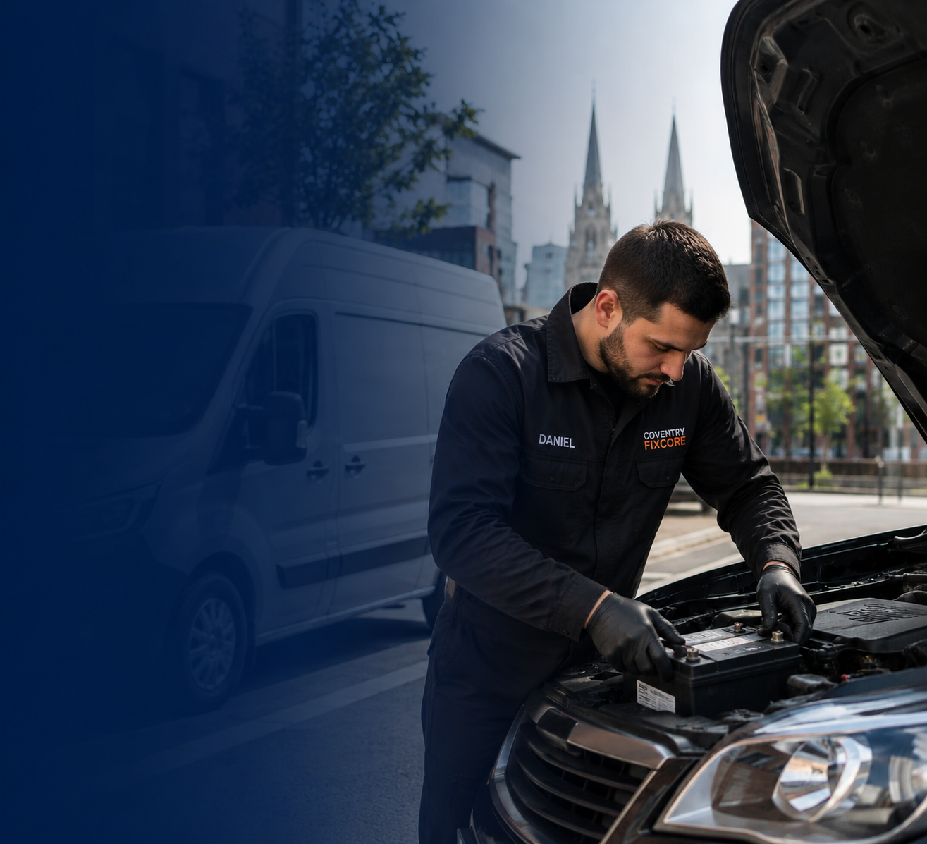 Coventry Fixcore mobile mechanic replacing a car battery at a vehicle in Coventry