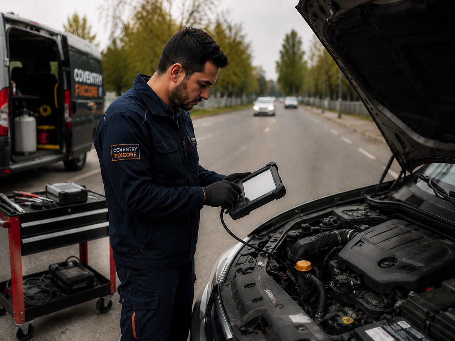 Mobile mechanic carrying out emergency car diagnostics at a vehicle in Coventry