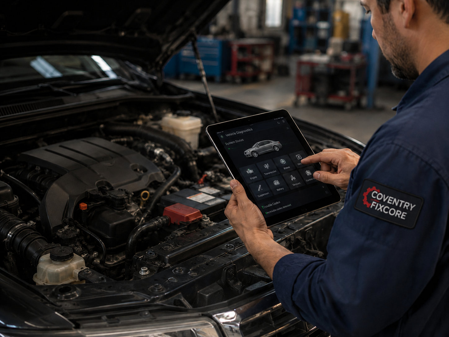 Mobile auto electrician diagnosing modern vehicle electrical and electronic systems in Coventry