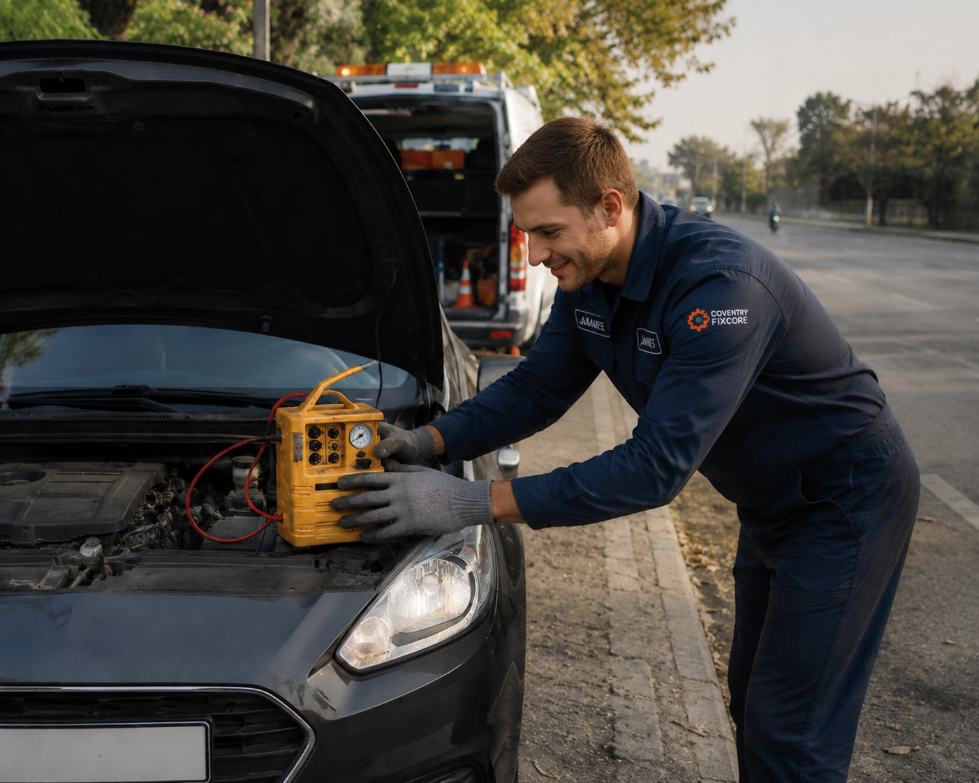 Coventry Fixcore mobile mechanic inspecting an urgent engine fault at a roadside location in Coventry