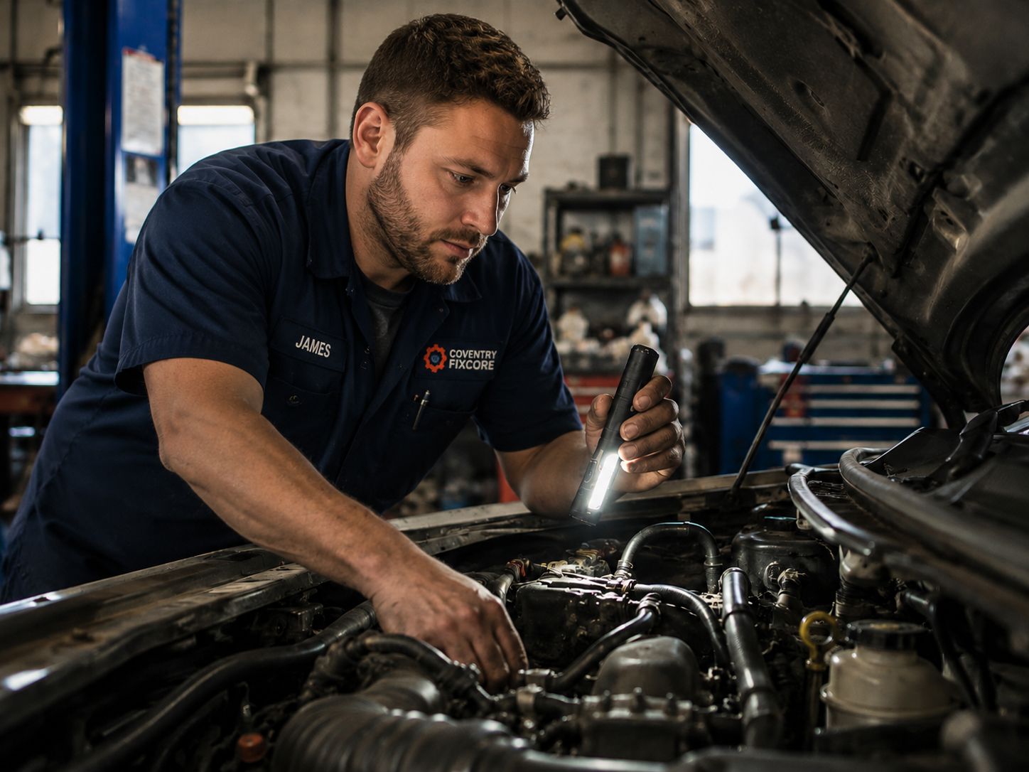 Coventry Fixcore mobile mechanic inspecting an exhaust and fuel system fault at a customer location