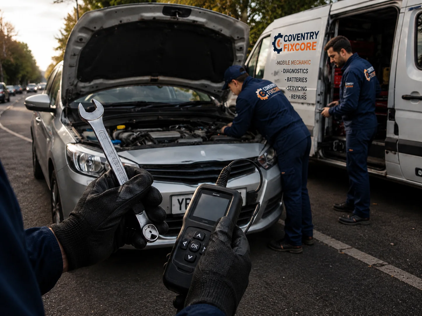 Mobile mechanic analysing common car faults with diagnostic equipment in Coventry