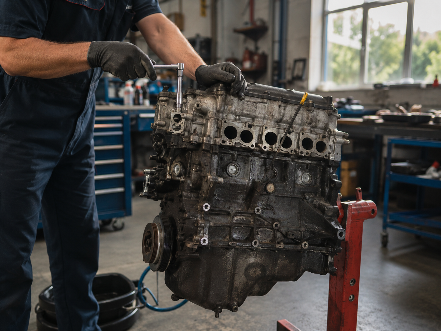 Mobile mechanic checking a vehicle engine during routine engine maintenance in Coventry