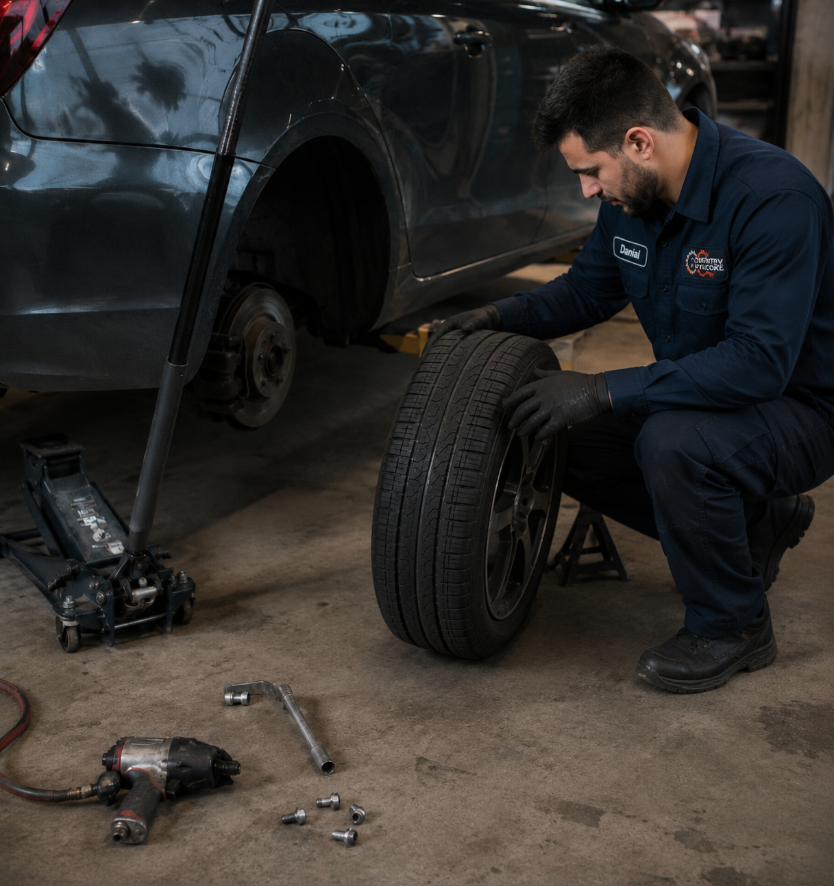 Mobile mechanic performing wheel alignment, tyre rotation and wheel balancing in Coventry