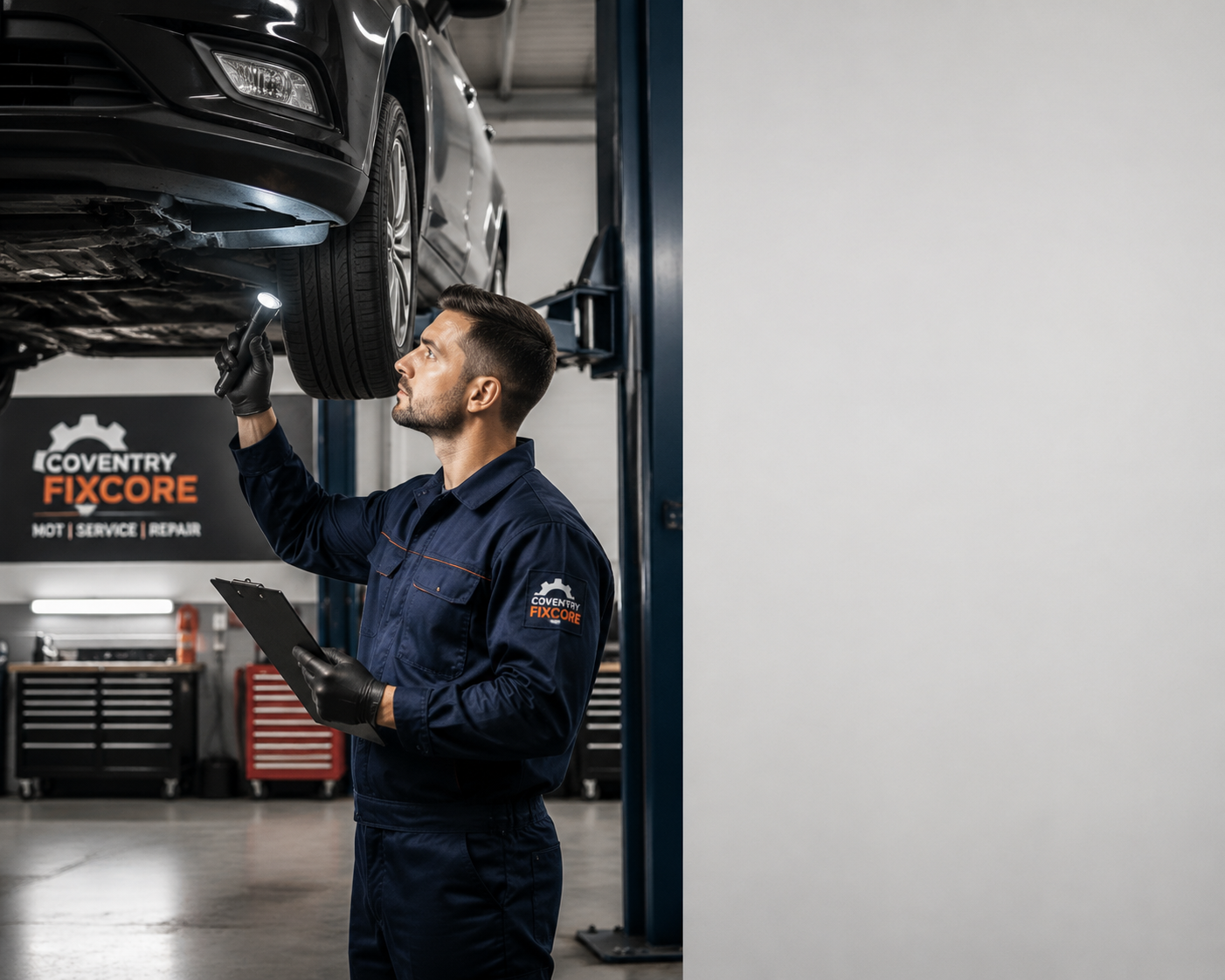 Mechanic completing an MOT defect repair process for a vehicle in Coventry