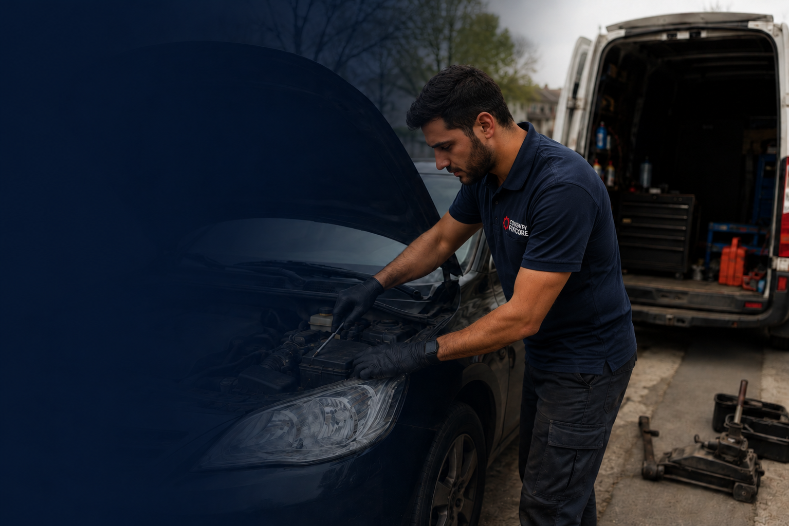 Coventry Fixcore mobile mechanic working on a car at a customer location in Coventry