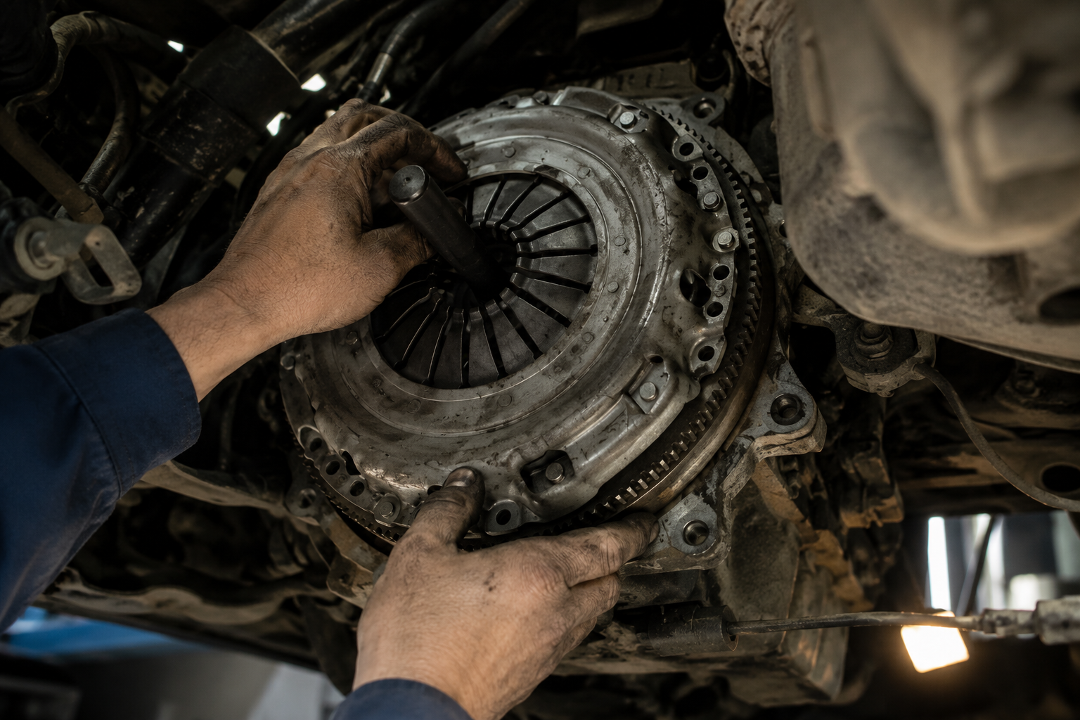 Mechanic inspecting warning signs of clutch gearbox and transmission failure in Coventry
