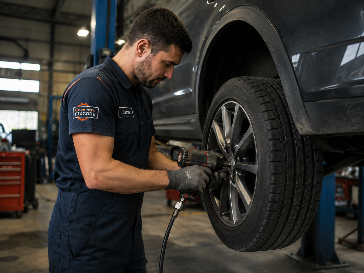 Mechanic inspecting wheel tyre steering and suspension components before wheel alignment in Coventry