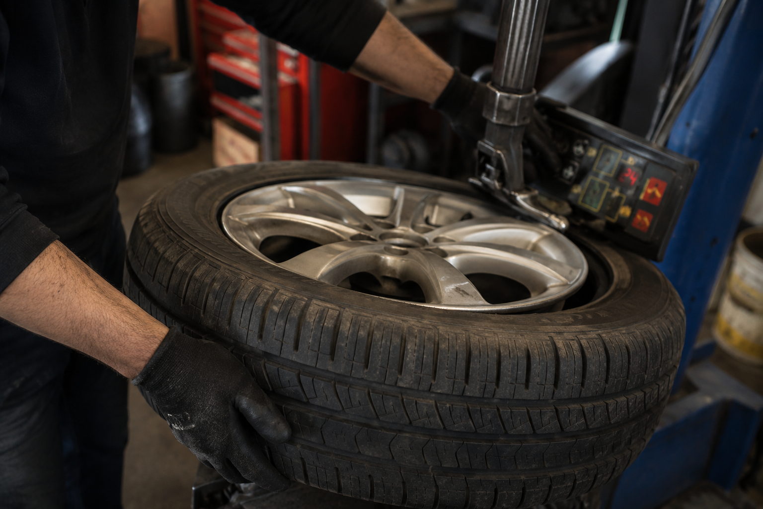 Mechanic checking whether a vehicle needs mobile wheel tracking or workshop wheel alignment in Coventry