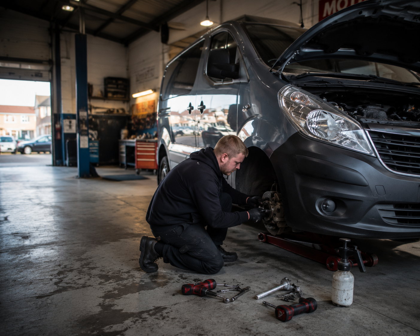 Coventry mobile mechanic inspecting a vehicle brake system during an on-site brake repair