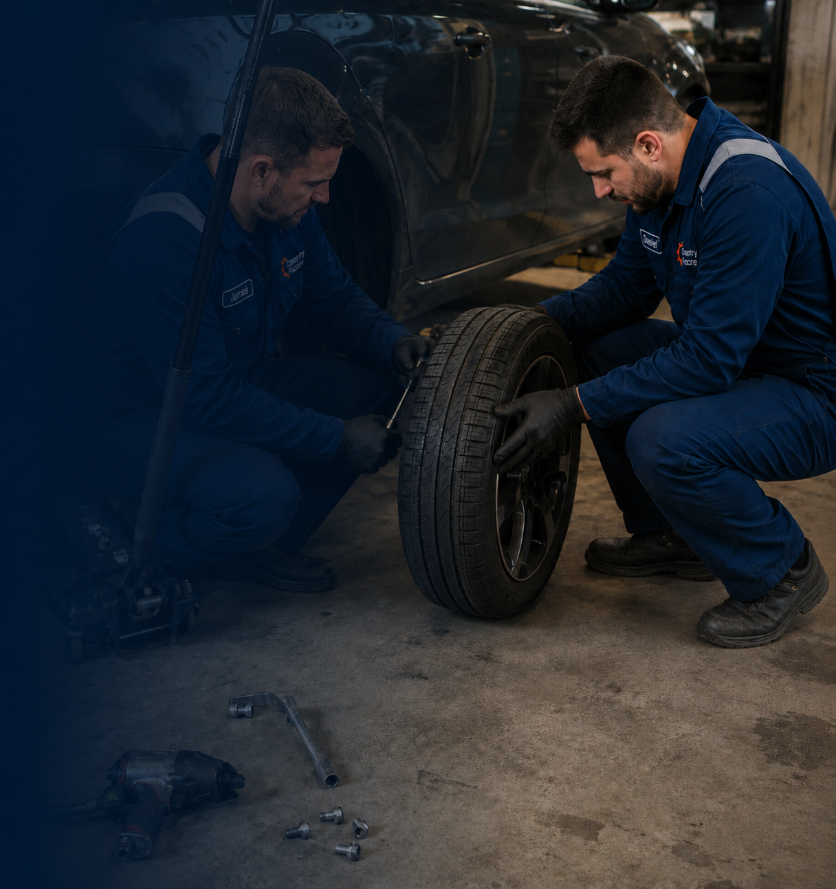 Mobile mechanic checking wheel alignment and tyre condition on a car in Coventry