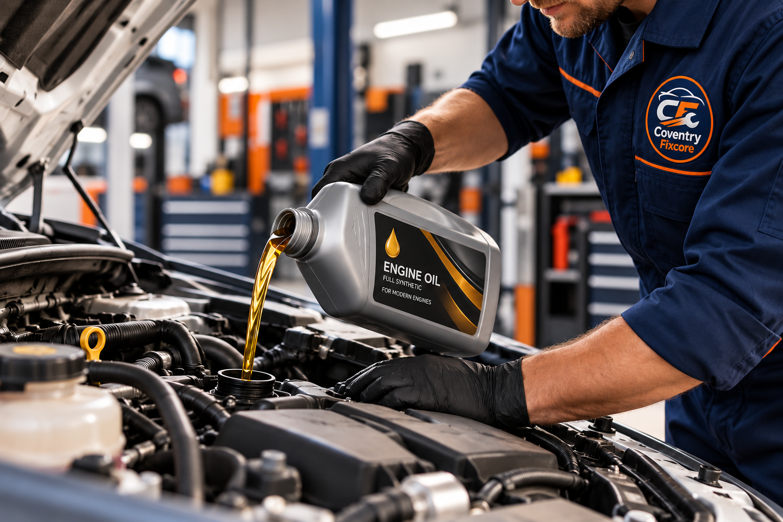 Coventry Fixcore mechanic in navy blue uniform pouring engine oil into a car engine during vehicle servicing