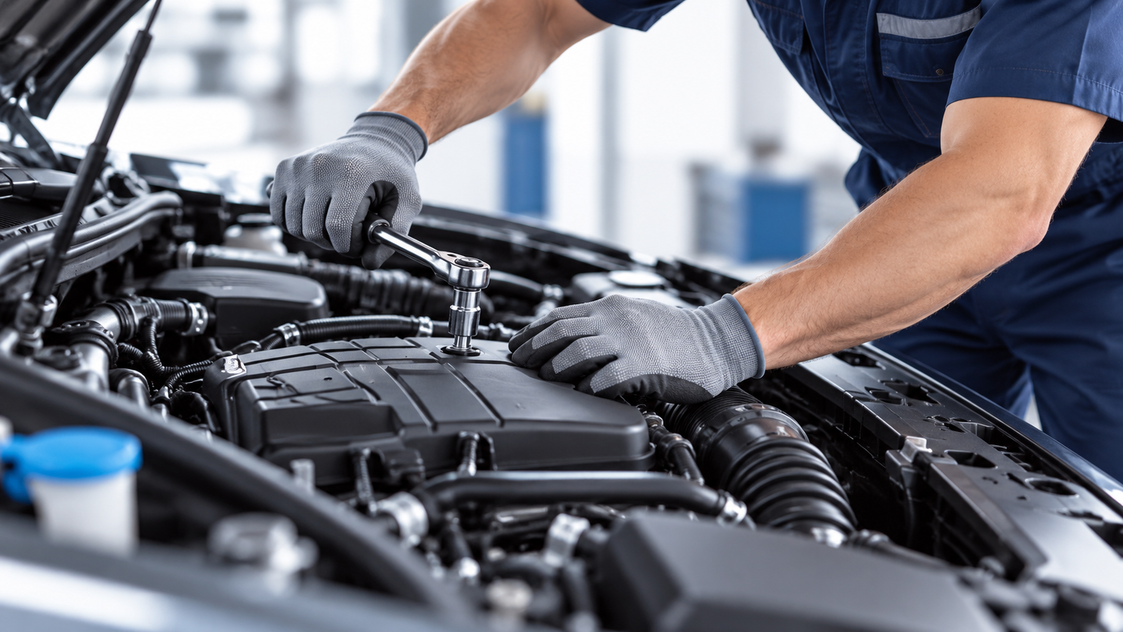 Mobile mechanic wearing a navy blue uniform using a ratchet tool to inspect a car engine under an open bonnet
