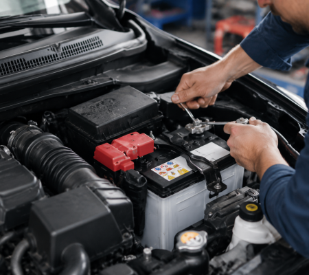 Car battery installation and terminal tightening during mobile mechanic repair by Coventry Fixcore